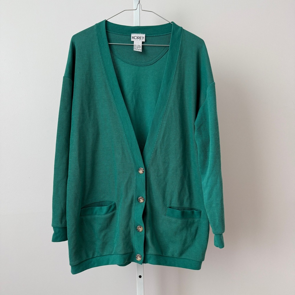 VTG KORET 80s Teal Green Button Cardigan Sweater sz S Cotton Oversized